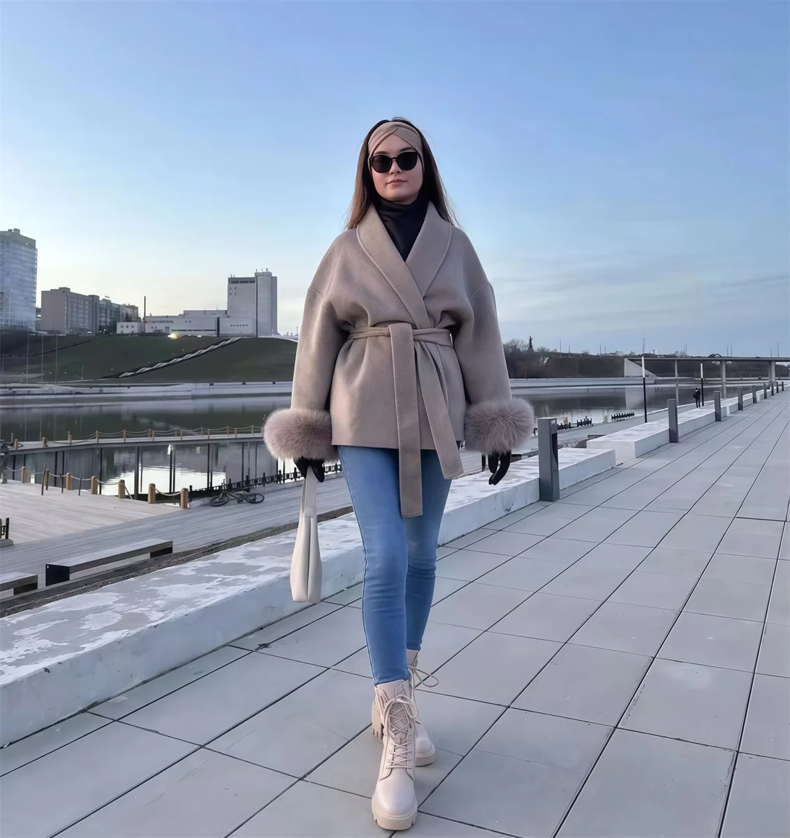 

Elegant OL Office Lady Overcoats Chic Long Sleeve Fur Wool Coat With Belt Vintage Women's Clothing Cardigan Jacket Autumn Winter