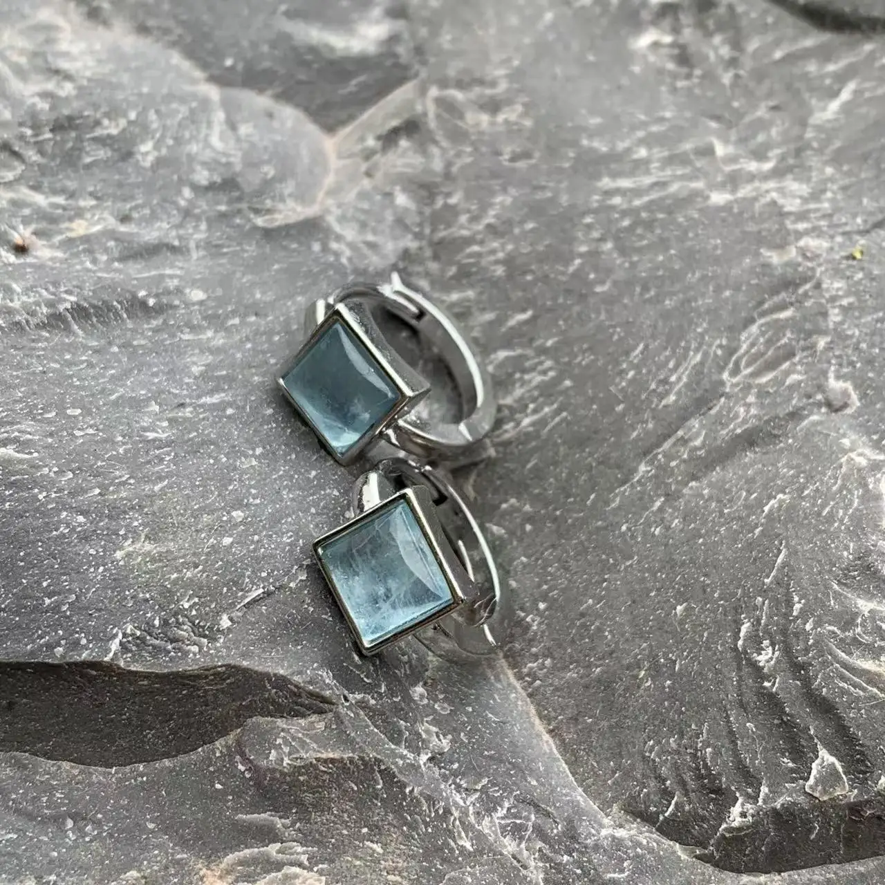 Square Natural Aquamarine Hoop Earrings for women Copper Jewelry Gift Blue Simple Jewelry Classic