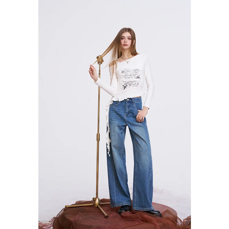 ELFSACK Vintage Washed Baggy Jeans with Oversized Wide Leg Fit, High Waist Relaxed Denim Pants, Y2K Aesthetic Trousers for Women