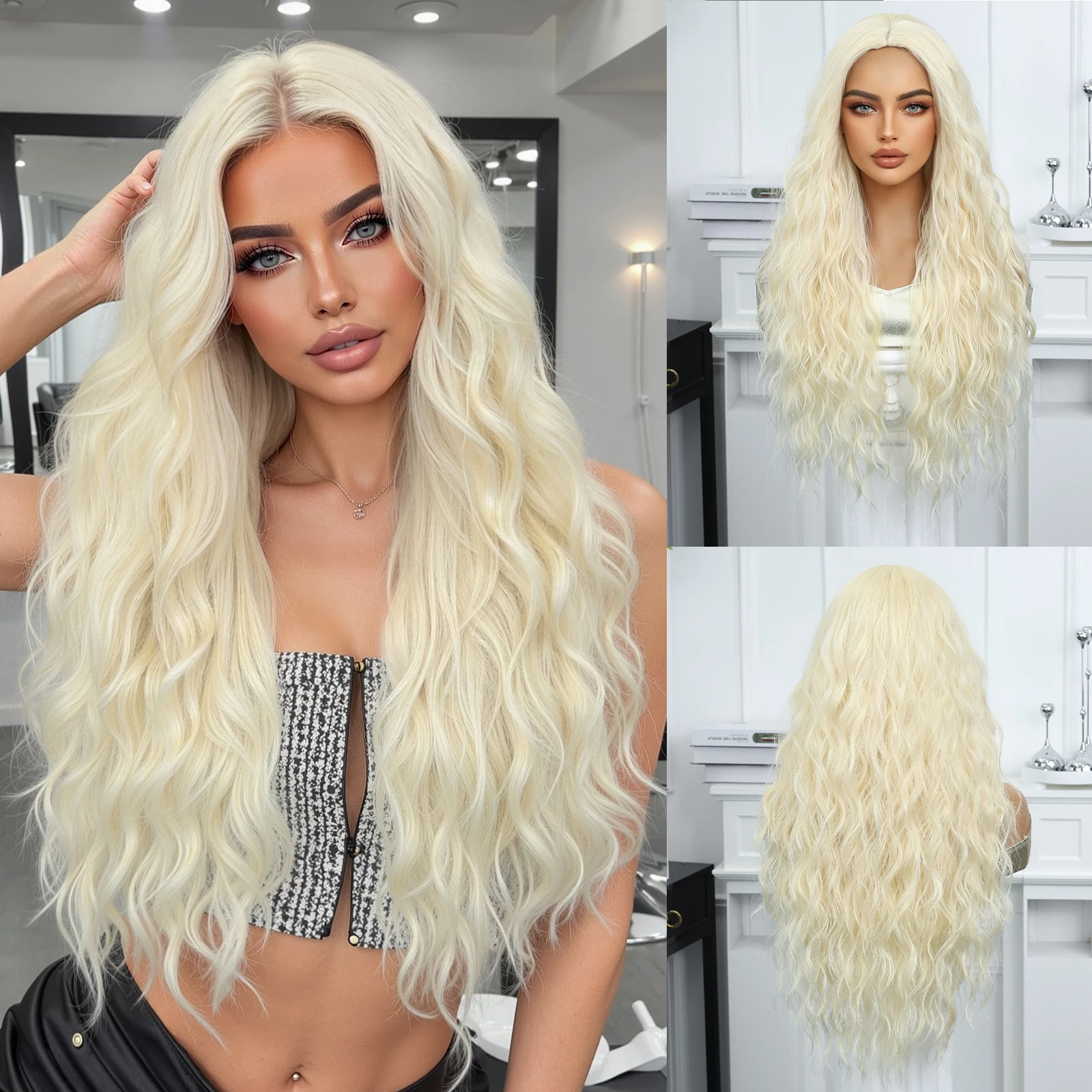 Fluffy Curly Synthetic Wigs Long White Blonde For Black Women Halloween Cosplay Natural Use Wig Heat Resistant Daily Fake Hair