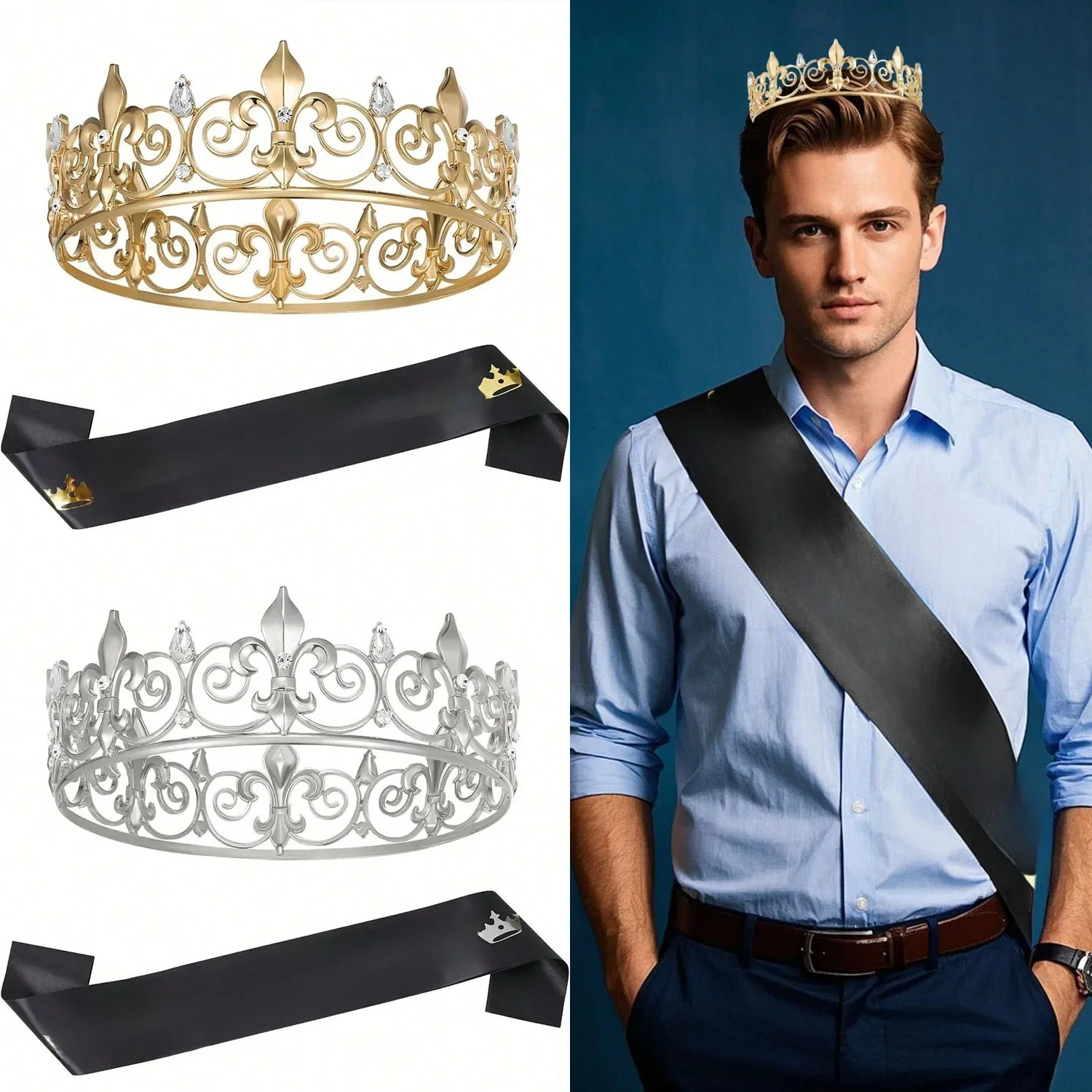 1 ensemble couronne et ceinture de roi d'anniversaire, couronne de roi en or Royal pour hommes, décoration de fête, cadeaux d'anniversaire de bal pour hommes, couronne de concours de roi