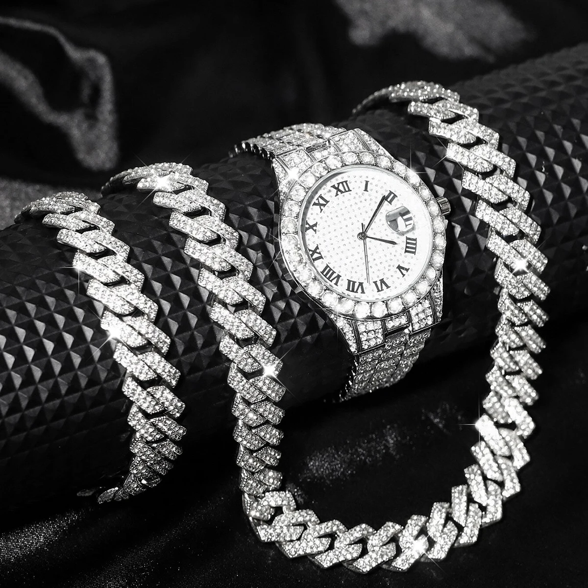 3-Piece Quartz Watch Set, Fashionable Hip-Hop Punk Watch, Cuban Chain Bracelet, Unisex Three-In-One Set, Birthday Gift
