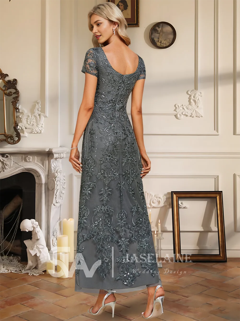 Evening Dress Women's A-Line Boat Neck Ankle-Length Lace Gown Sequined Short Sleeve Summer Formal Prom Wedding Party Dresses