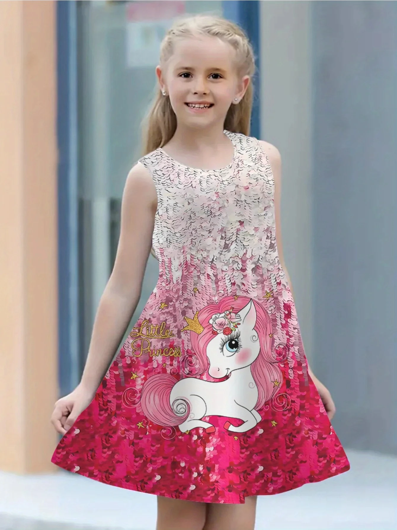 Summer 2-15 years old girls Fashion Novelty Cute Unicorn Print Sleeveless Dress Casual Comfortable Breathable Party Dresses