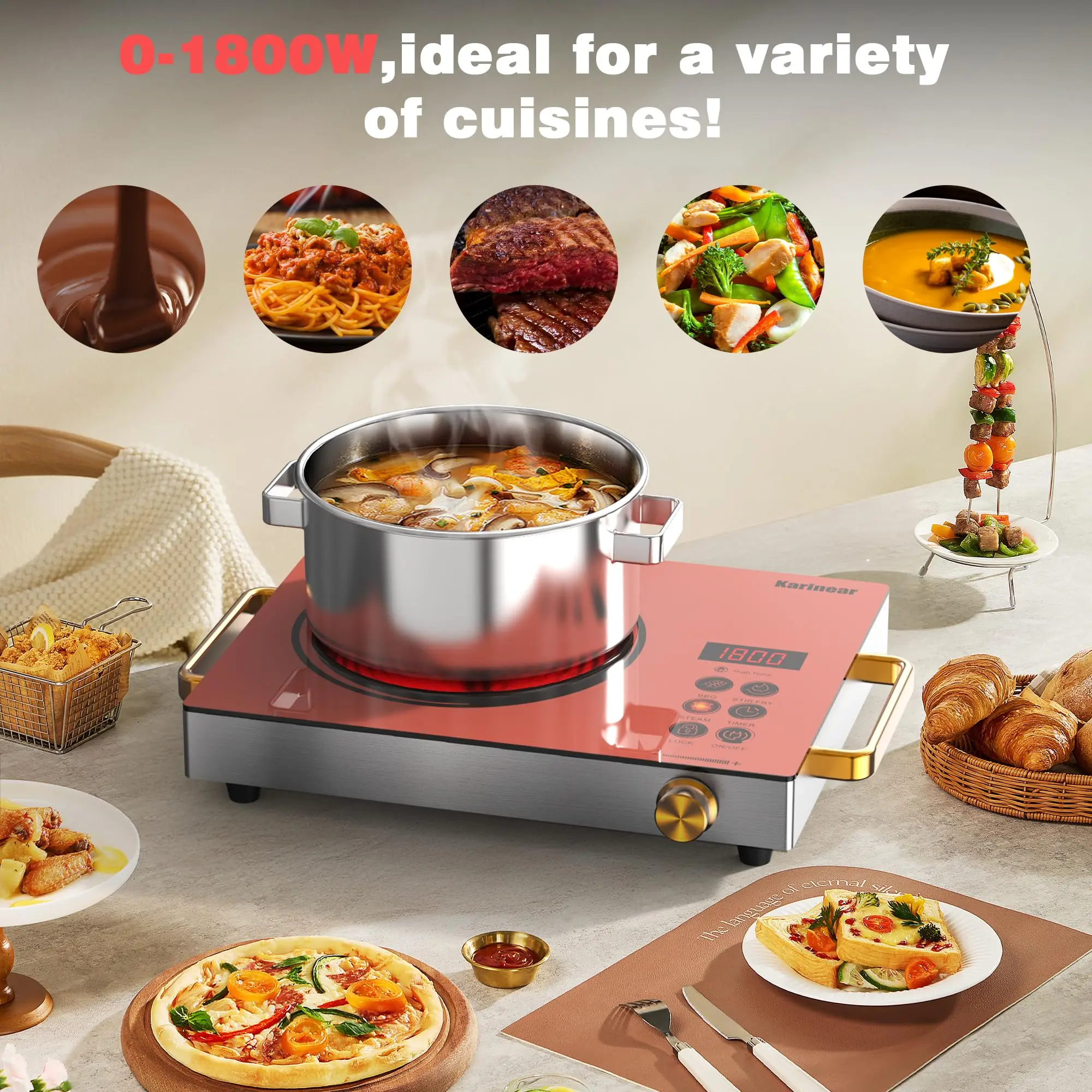 Karinear Portable Electric Stove 110V, 1800W Electric Hot Plate with Handle, Knob Control Single Burner Electri Cooktop, Ceramic Infrared Countertop Burner, Timer, Safety Lock(Pink) view 2