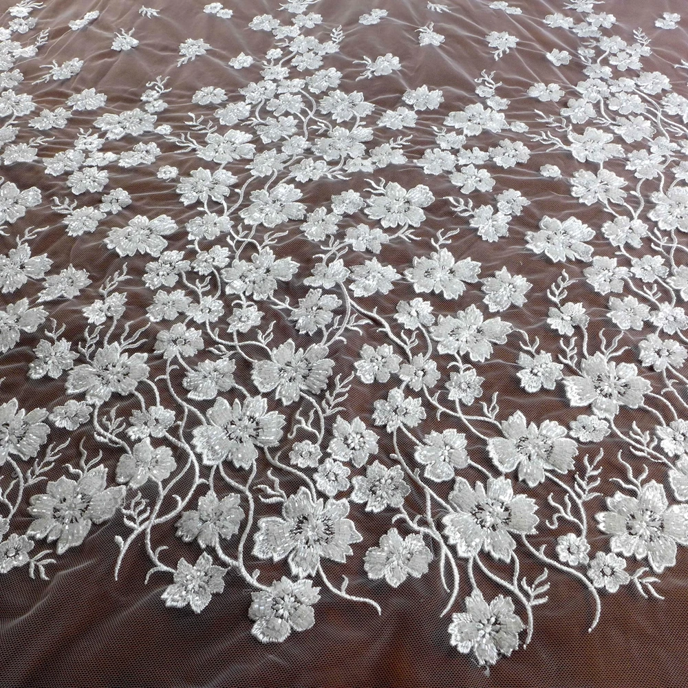 HelluyerDC White heavy beading lace fabric,little flowers small branches lace for fashion,wedding,evening,dance gown can be cut