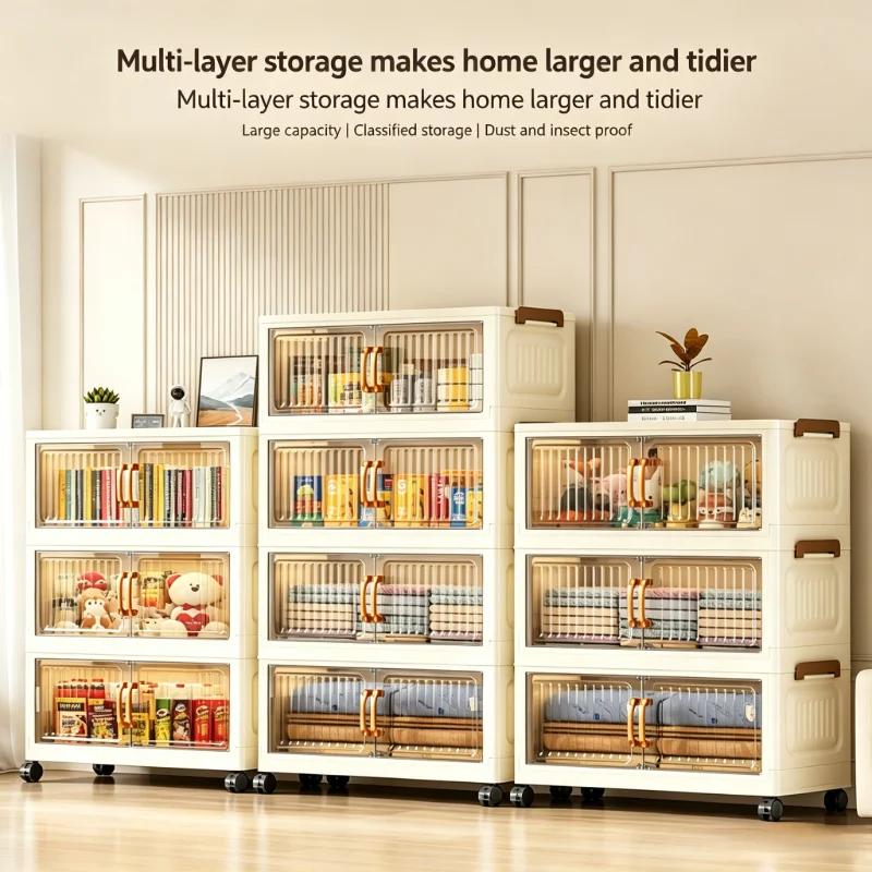 5-tier foldable stackable plastic storage cabinet, no assembly needed, with magnetic vertical transparent double doors and brown handles, foldable rolling storage box, 58cm wide, with universal wheels, perfect for organizing clothes in the bedroom, kitche