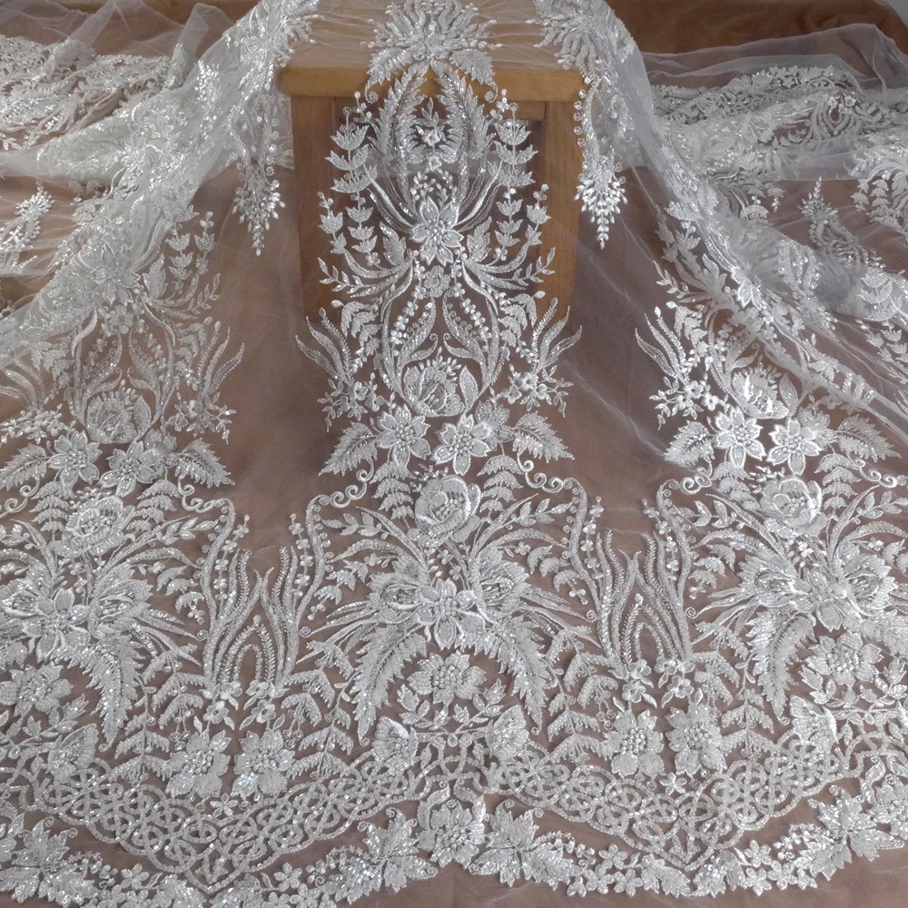 

HelluyerDC Off-White heavy beading lace fabric,super large patterns lace for fashion,wedding,evening,dance gown by the yard