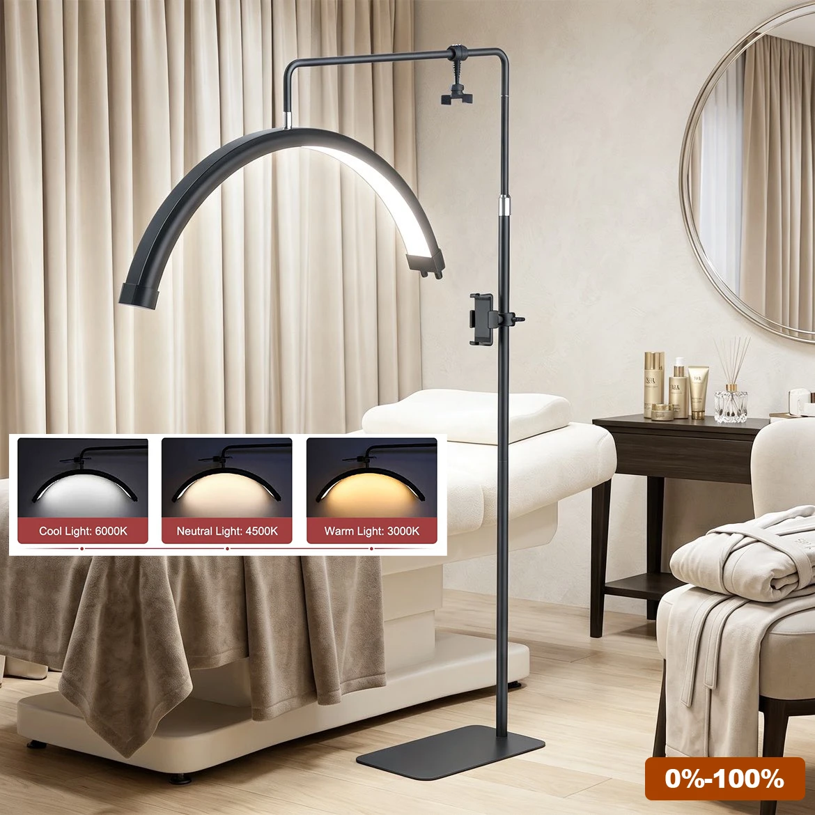 Lampe LED demi-lune rotative pour cils, éclairage d'appoint pour extension de cils, lampes de sol de beauté