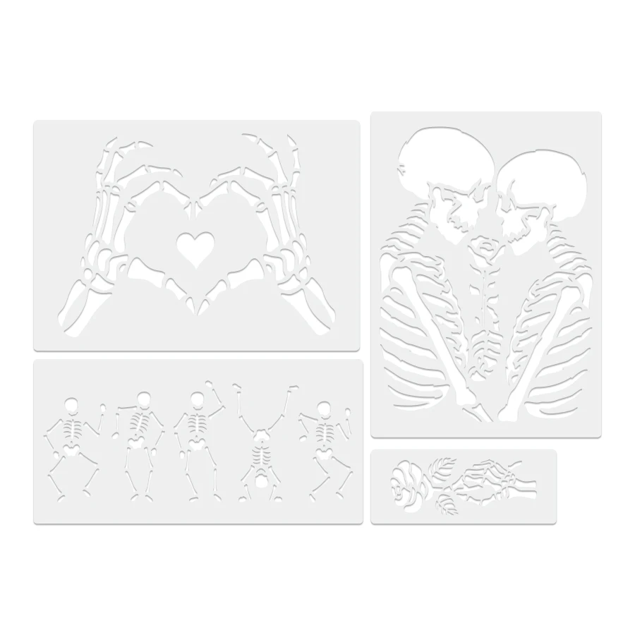 4PCS Halloween Skeleton Stencil Set, Reusable DIY Templates for Wall, Wood, Fabric, and Furniture – High-Quality PET Material, V