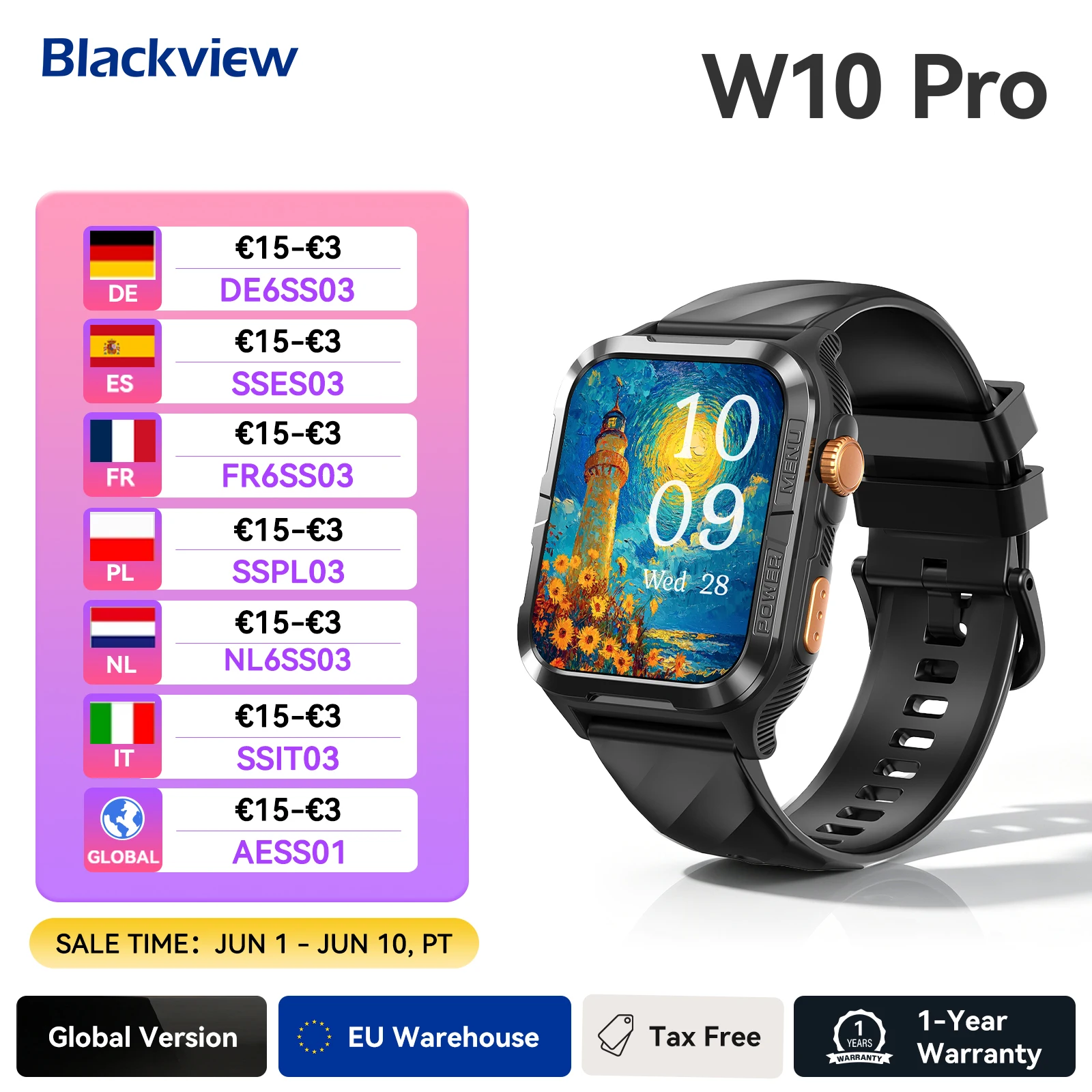 Nuevo Reloj Inteligente Blackview W10 Pro con GPS, Pantalla TFT de 1.83'', 600mAh, 11 Días de Autonomía, Bluetooth/Resistente al Agua, con Luz LED para Adultos