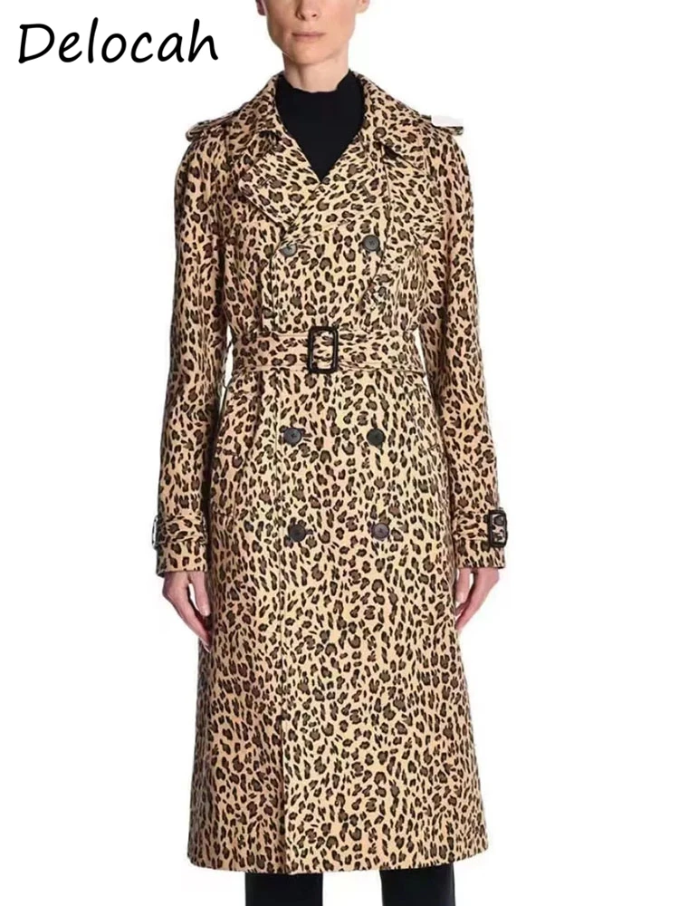 

Delocah High Quality Autumn Women Fashion Runway Trench Coats Long Sleeve With Belt Leopard Print Slim Ladies Coats Overcoat