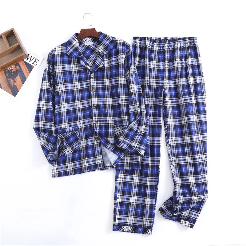 Spring Autumn Men Casual Plaid Pajama Sets Male 100% Cotton Flannel Sleepwear Suit Men Long Sleeve Turn-down Collar Home Clothes