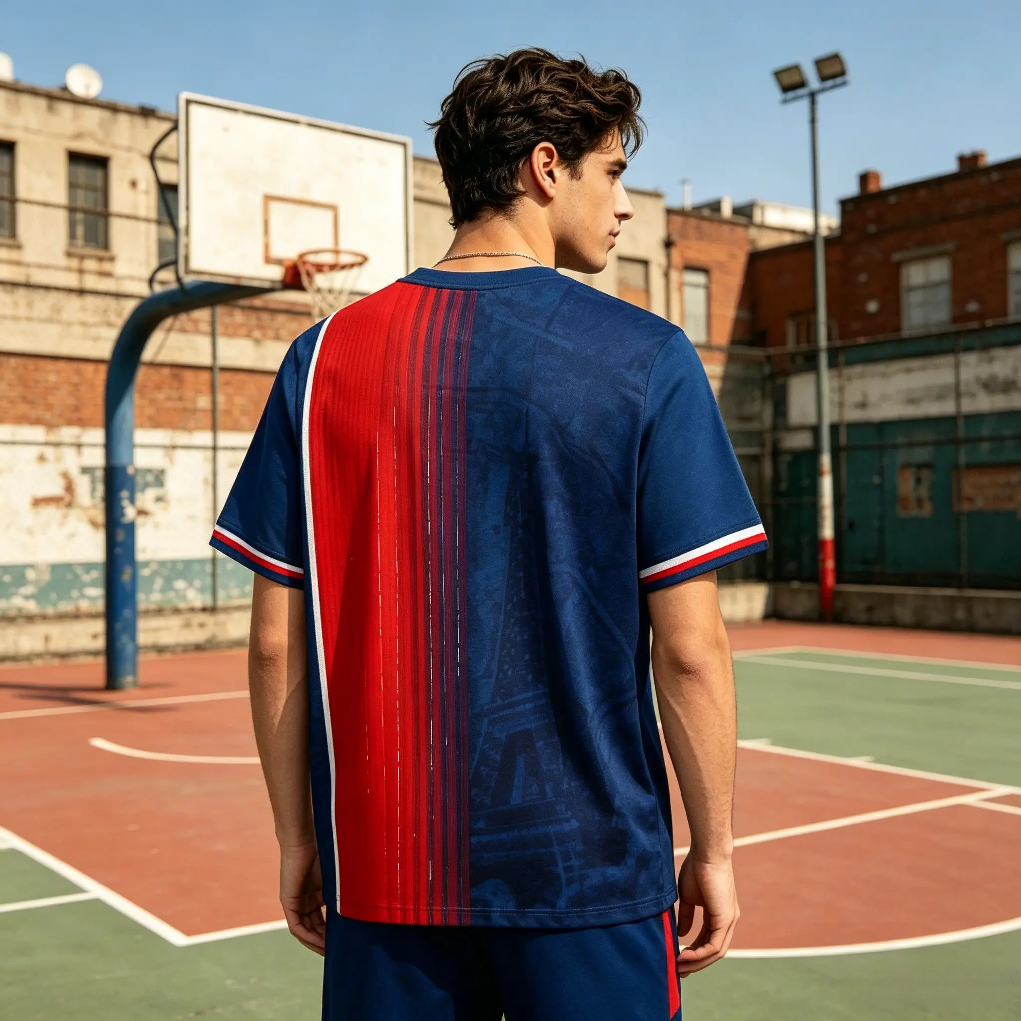 Men's Curved Hem Vacation T-Shirt, Red Blue Split Vertical Stripes Eiffel Tower Hidden Print Daily Streetwear Short Sleeve Top