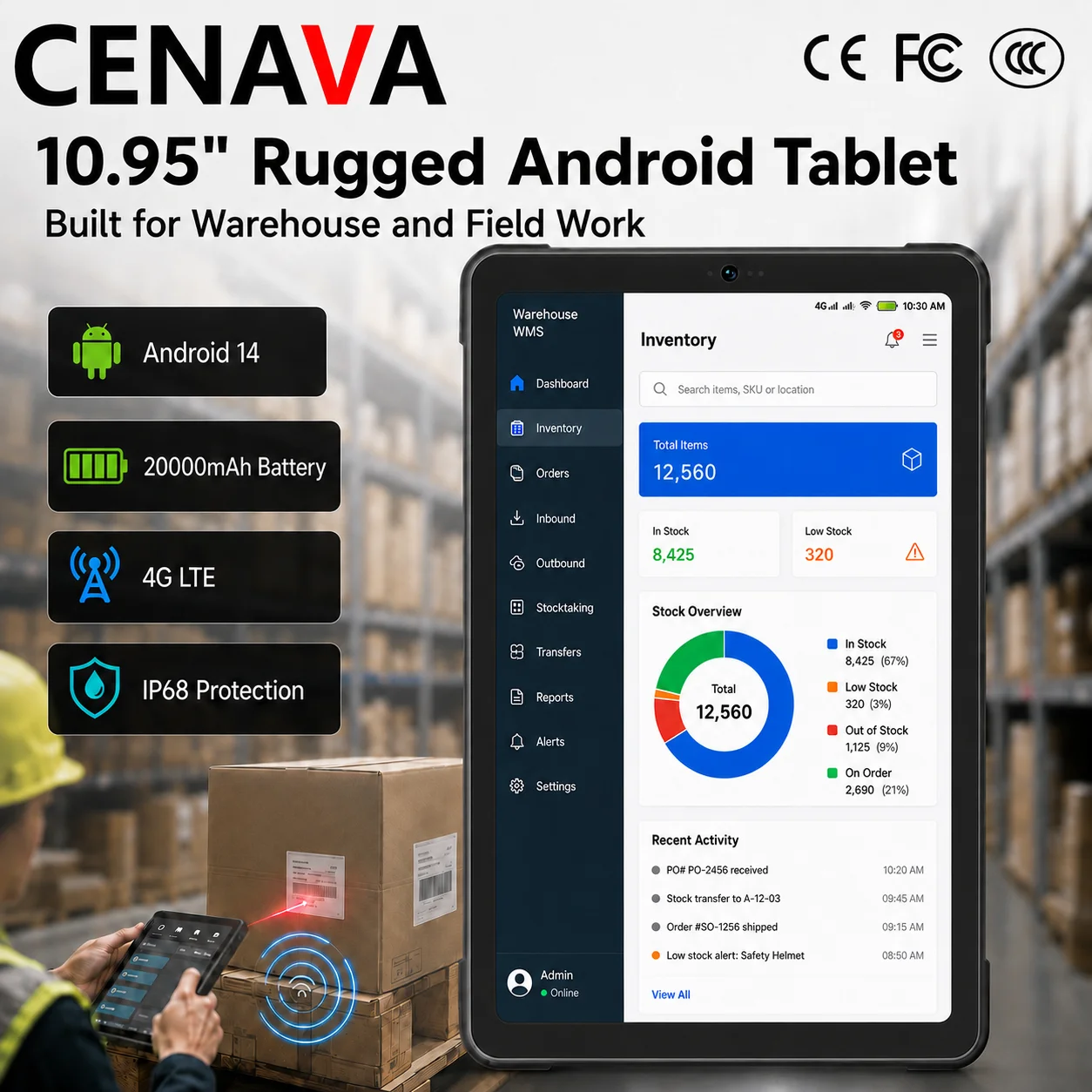 CENAVA A109TB 10.95'' Industrial  Rugged Android 14 Tablet 4G LTE Mobile Data Collection Terminal 20000mAh GPS Warehouse Tablet