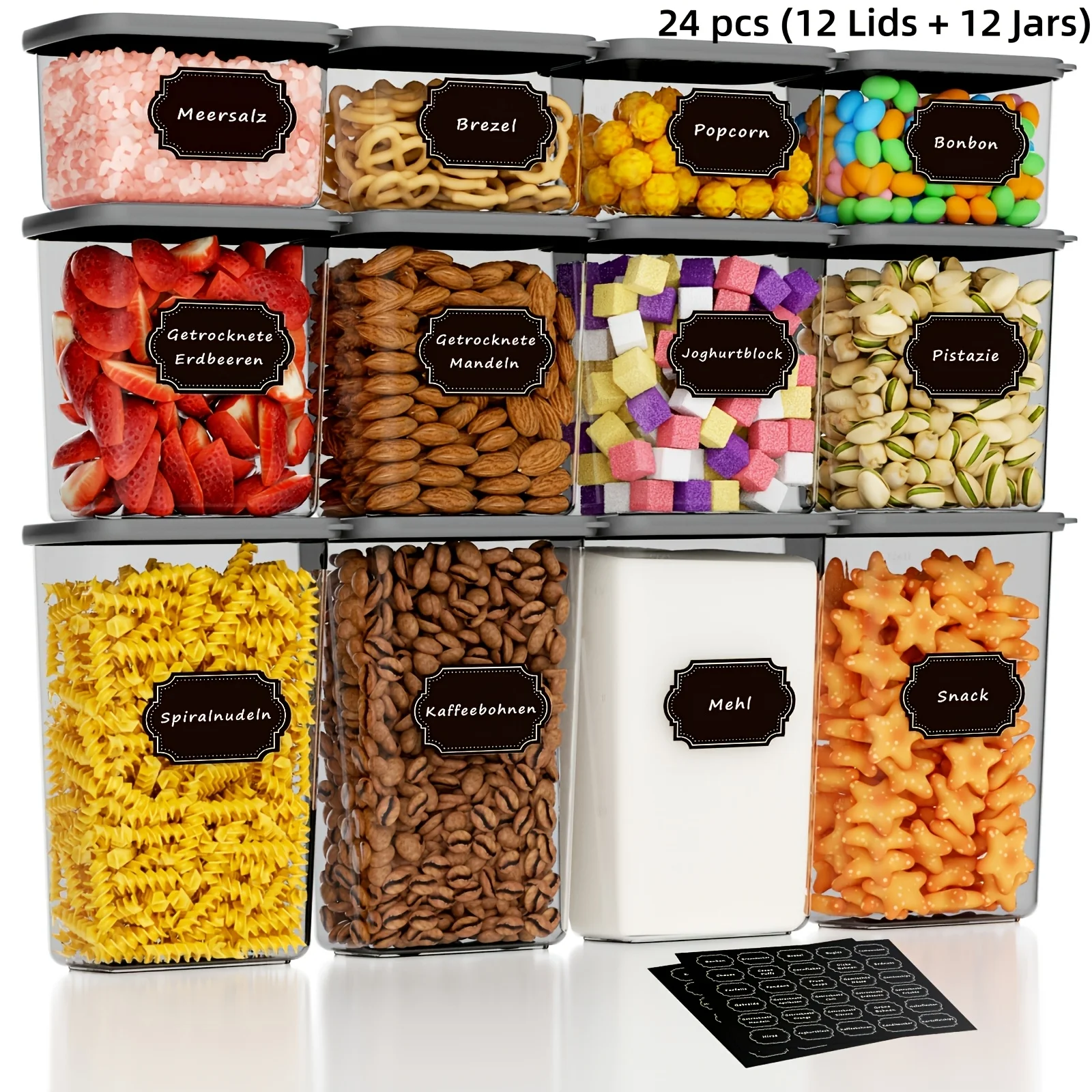 24 pièces (12 couvercles + 12 pots) Contenants de stockage pour farine, riz, sucre, céréales, grains et spaghetti, adaptés à la