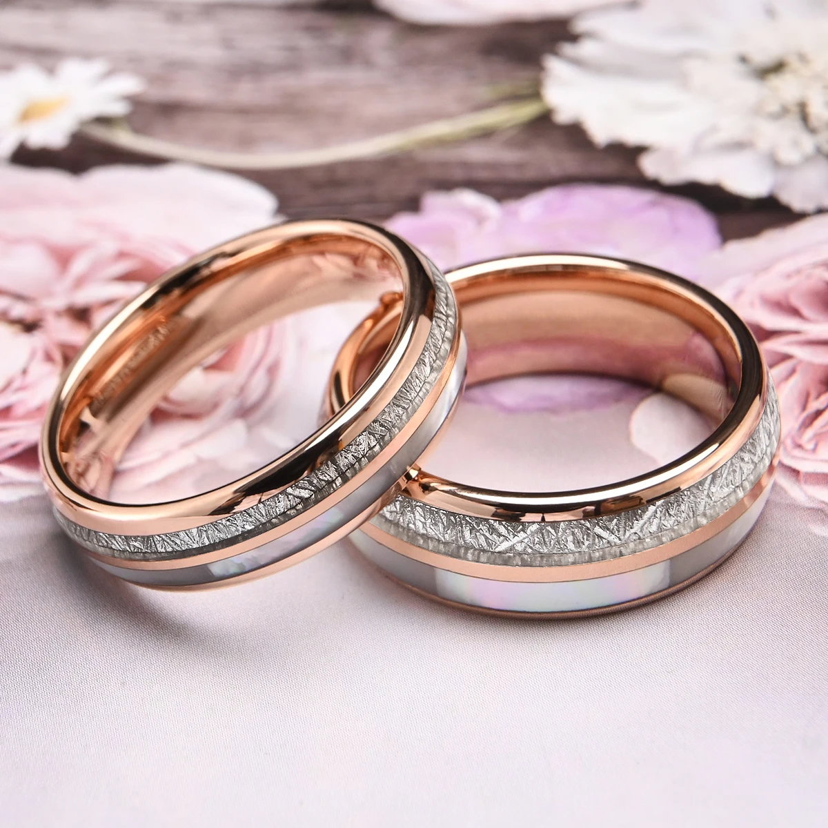 Couple's Mother-of-Pearl  Rose Gold Wedding Bands,8mm, 6mm Men's Tungsten Gold Ring,Couple's Matching Rings,Anniversary Gift view 3
