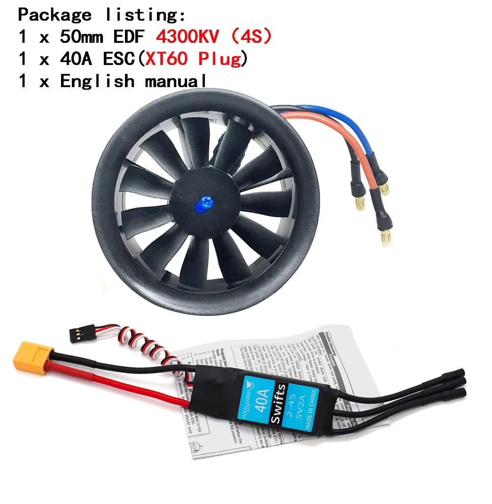 Hobbyocean 40A ESC 50mm EDF Duct Fan 4900KV 4300KV 11 Propeller Brushless Motor Rc Jet Airplane EDF Plane