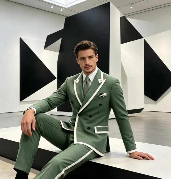 Men Sage Green Double Breasted Suit White Piping Slim Fit Formal Wedding Groom Tuxedo 2 Piece Jacket Pants Set