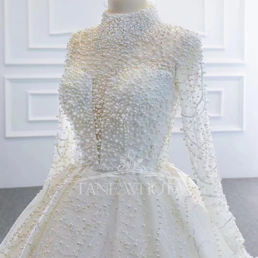 Vestido de novia de perlas, cuello alto, manga larga, vestido de fiesta blanco marfil de lujo, vestidos de novia