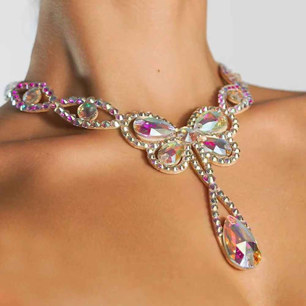 

Stonefans Luxury Butterfly Crystal Necklace for Women Elegant Sparkling Jewelry Romantic Teardrop Pendant Accessory for Banquet