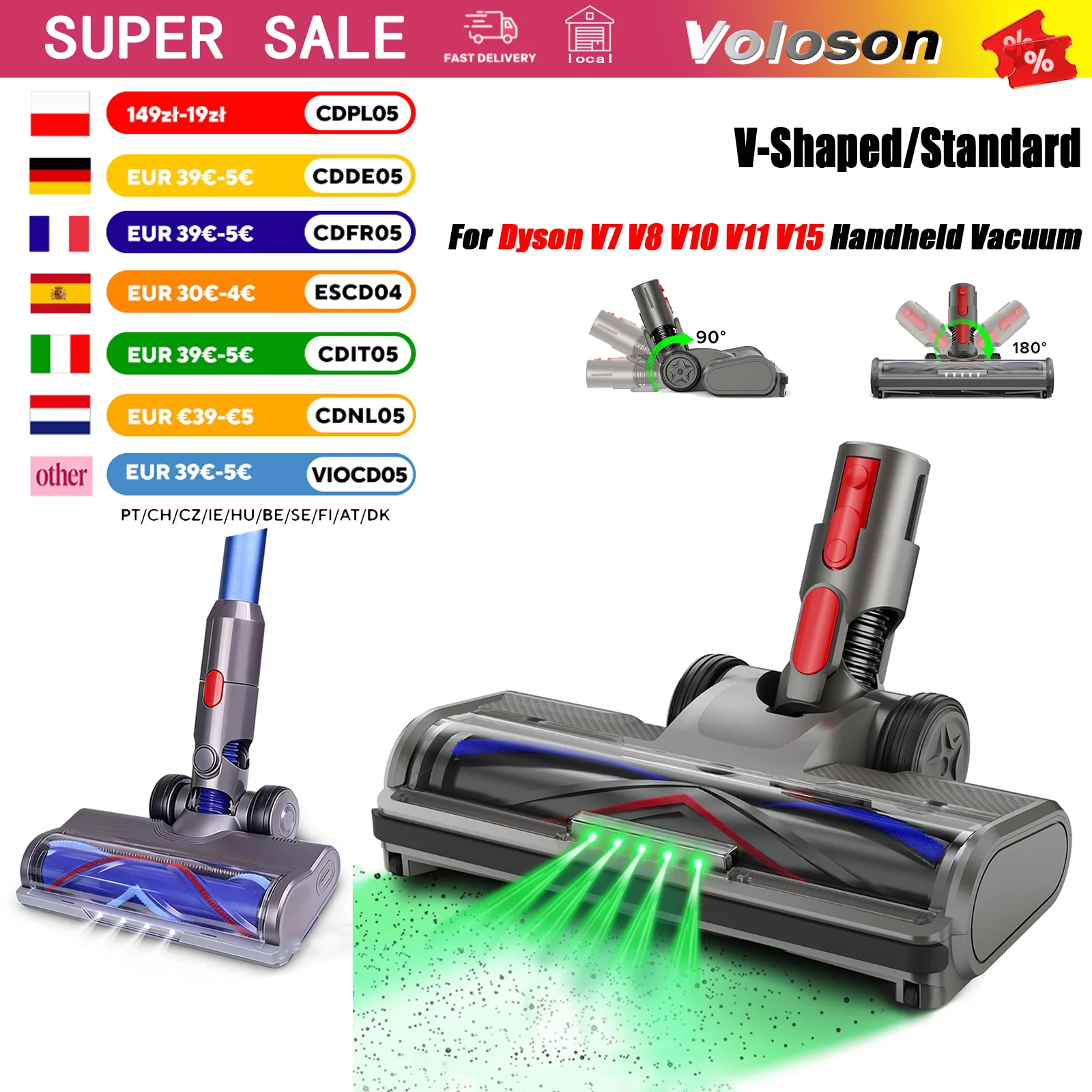 Tête d'aspirateur en forme de V pour Dyson V7 V8 V10 V11 V15, poils antistatiques en fibre de carbone à lumière verte 90 °   Rotation des poils d'animaux