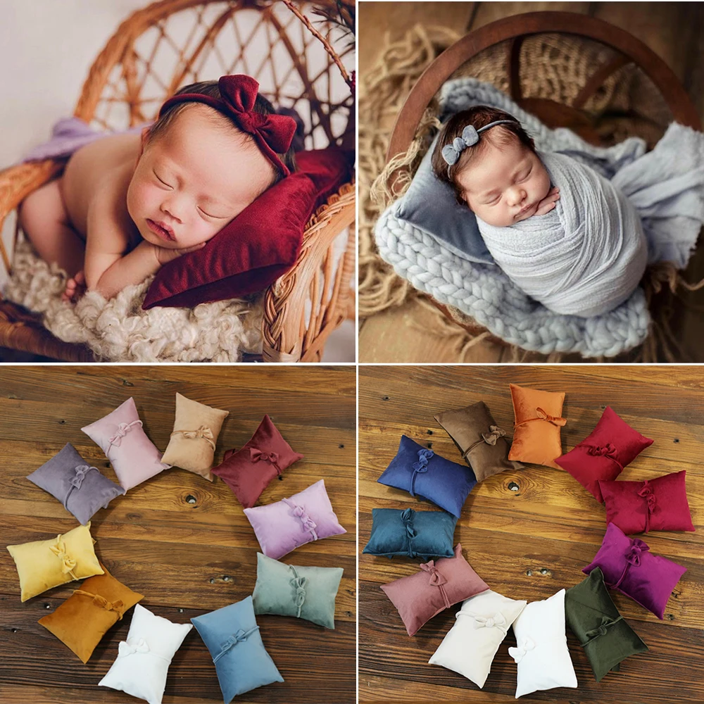 Newborn Photography Props Posing Pillow Matching Bowknot Headwear Accessories Set for Baby Photo Shoot Stuff Velvet Mini Gift