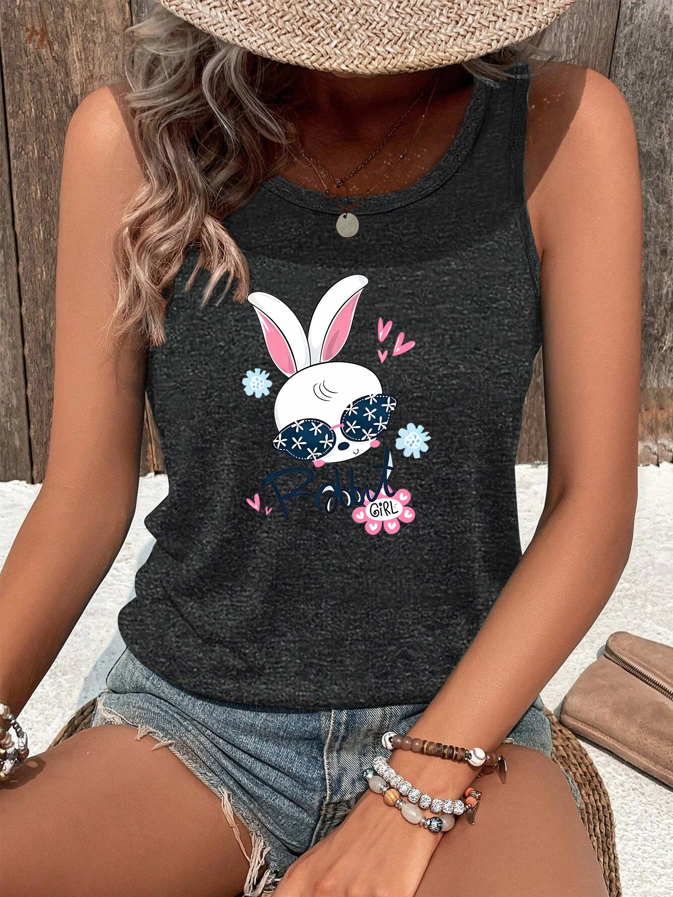 Sunglasses Rabbit Girl Summer Fashion Funny Sports Women's Tank Top Loose O Neck Sleeveless Casual Tank Top