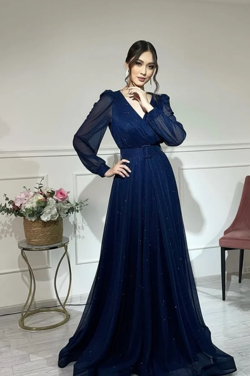 Annie Navy V-neck Prom Dresses Handmade Tulle Long Sleeves Evening Dresses A-line Lady Party Dresses فساتين سهرة
