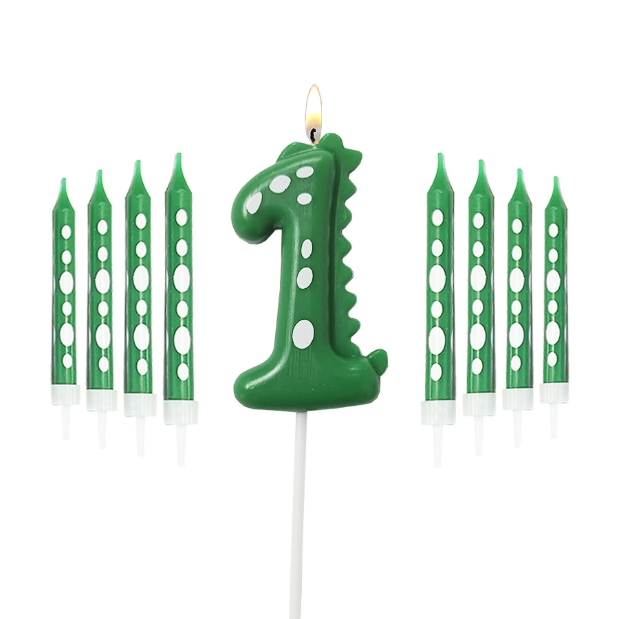 Green Dinosaur Numbers 0-9 + 8 PCS Green Candles Happy Birthday Cake Candle Children Prince Party Cartoon Dinosaur Decoration