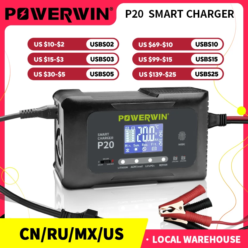 POWERWIN P20 Intelligent Charger for 12V 24V LiFePO4 Lithium Batteries 20A LCD Display Auto Maintenance System Car Battery