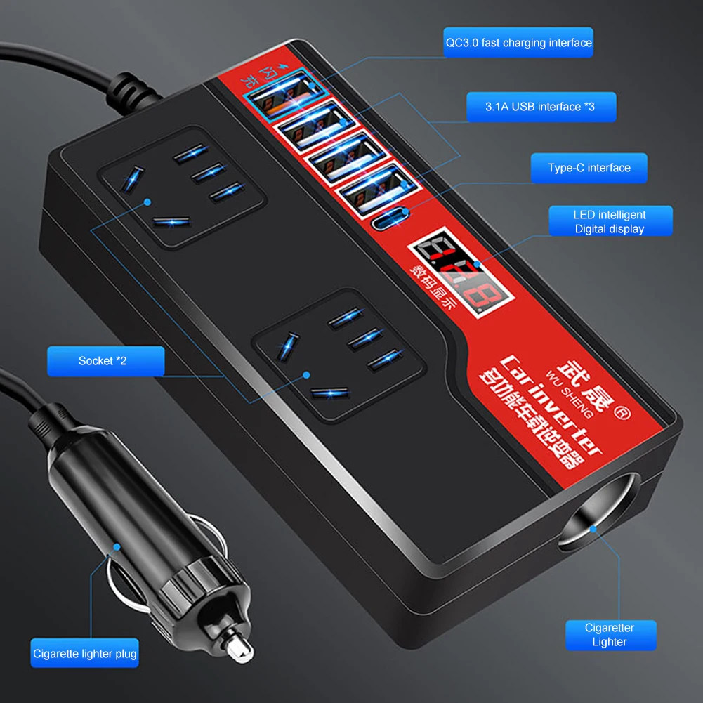 Car Power Inverter DC 12V/24V to AC 220V Auto Power Converter 2000W with 4 USB Ports Socket Digital Display Car Power Adapters