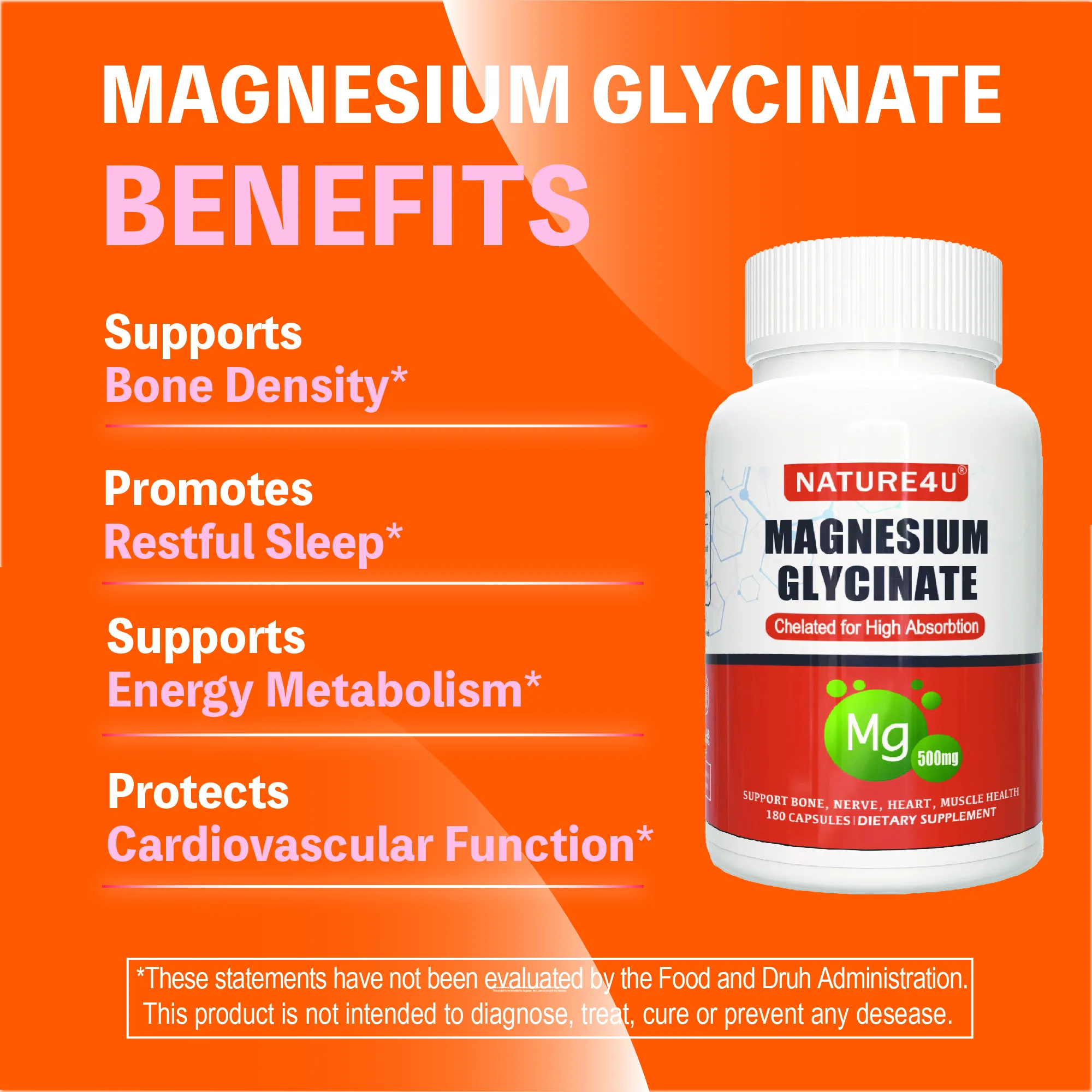 Magnesium Glycinate 500mg, 100% Chelate for High Absorption Magnesium Supplement for Sleep, Muscle, Heart, Never and Bone Suppor