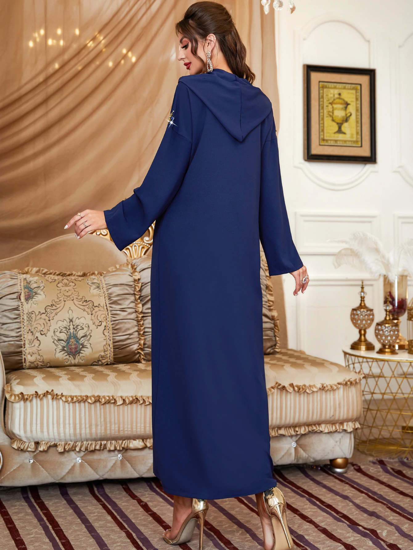 

BA302 navy blue handmade drill hooded dress women's gown