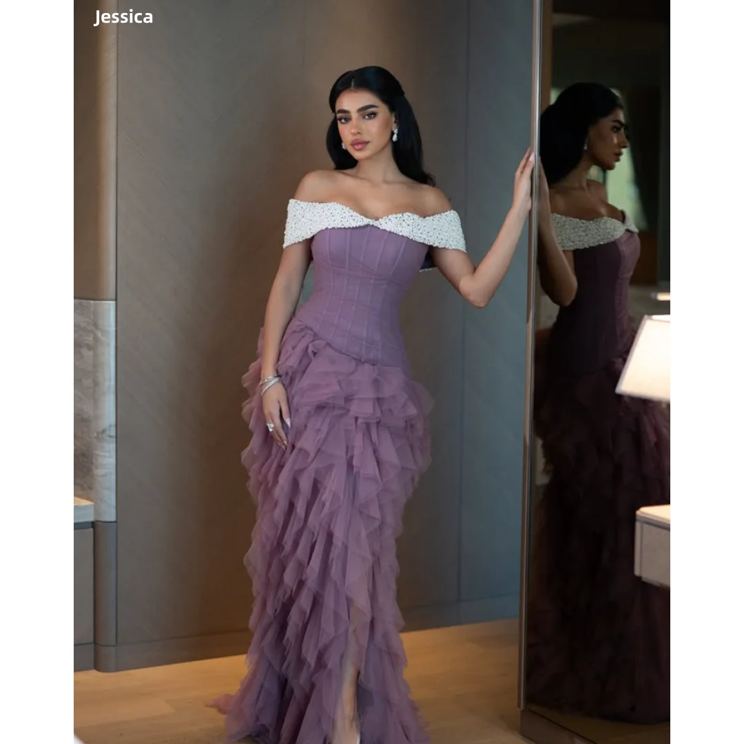 

Джессика Вечерние платья с белыми бусинами Фиолетовый тюль Многослойные платья для выпускного вечера Slim Fit Русалка Свадебные платья по индивидуальному заказу