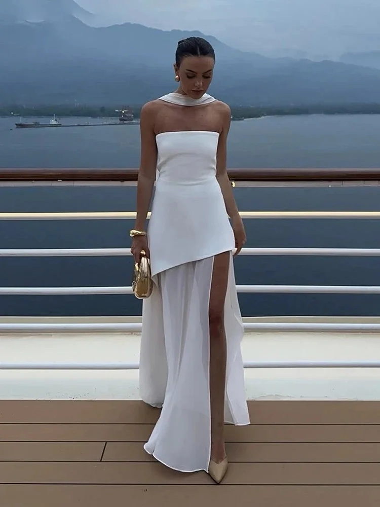 Elegante dames strapless lint lange jurk vintage mesh patchwork korset maxi-jurken zomeravond bruiloft gast wit geel - afbeelding 2