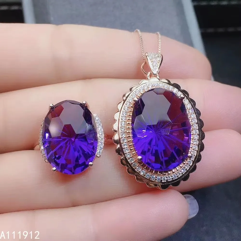 

KJJEAXCMY fine jewelry Big Amethyst 925 sterling silver women pendant necklace ring set Friends Party, Birthday, Christmas Gift