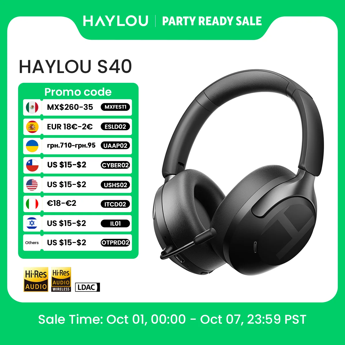 HAYLOU S40 ANC Wireless Headphone 50dB Noise Canceling Hi-Res 3D Spatial Audio Earphone with LDAC Bluetooth 6.0 Over Ear Headset