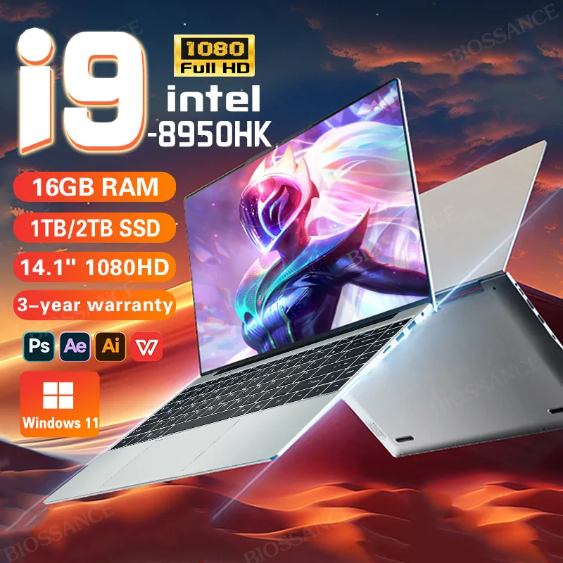 2025 ordinateur portable de jeu Windows 11 Intel Core i9 8950HK 14.1 ''ordinateur portable 16GB DDR4 1 to 2 to SSD 1920*1080 Pc Gamer ordinateurs portables