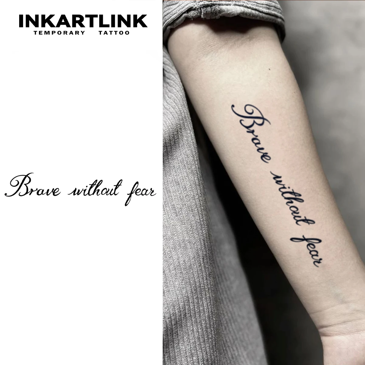 INKARTLINK Inspirational English Tattoo Stickers 1-2 Weeks Long Lasting 'Brave Without Fear' Handwritten Font