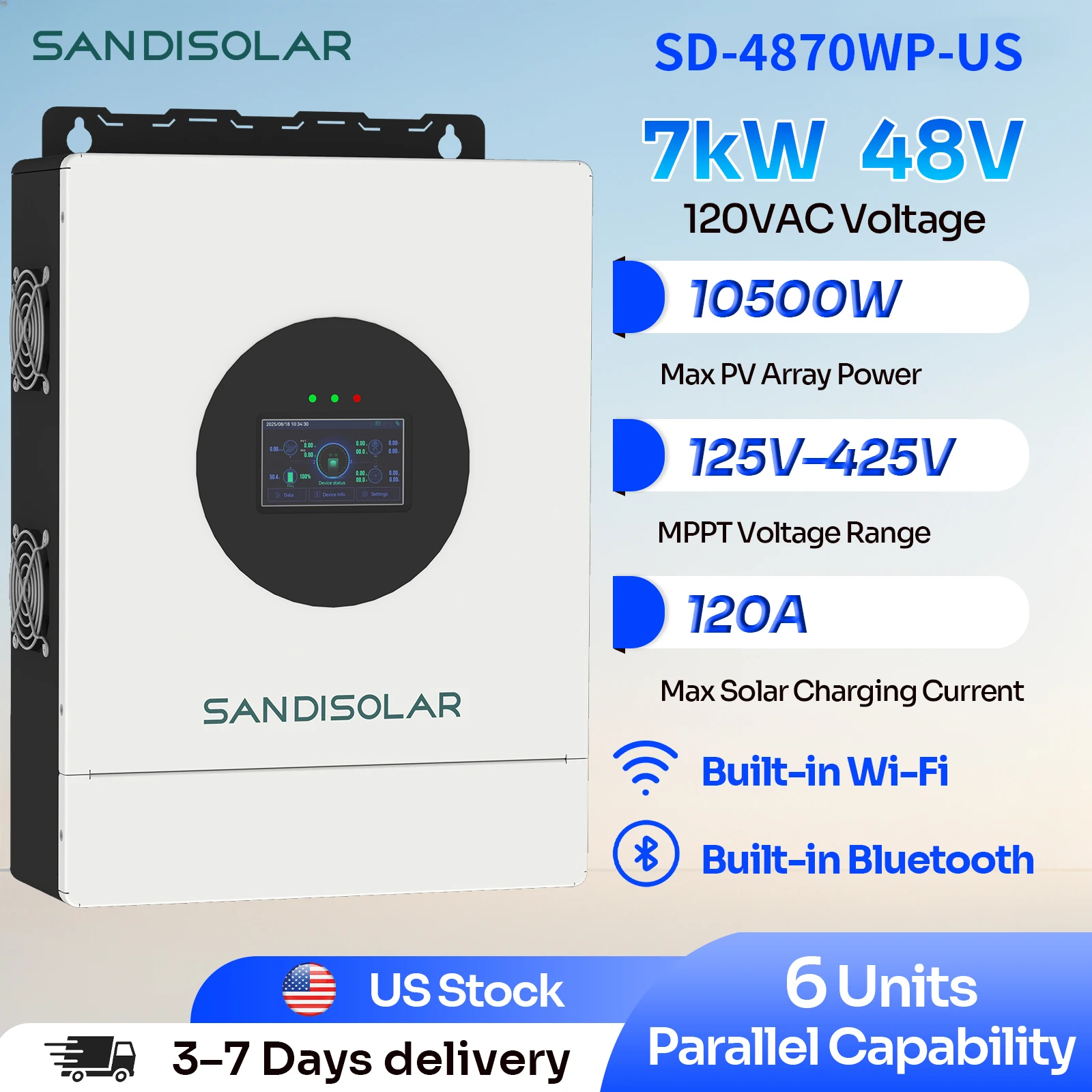 

SANDISOLAR 7000W 120V 60Hz Pure Sine Wave Hybrid Inverter 14KW Peak Power 48V 60VDC To 120VAC Off Grid Solar Inverter For US