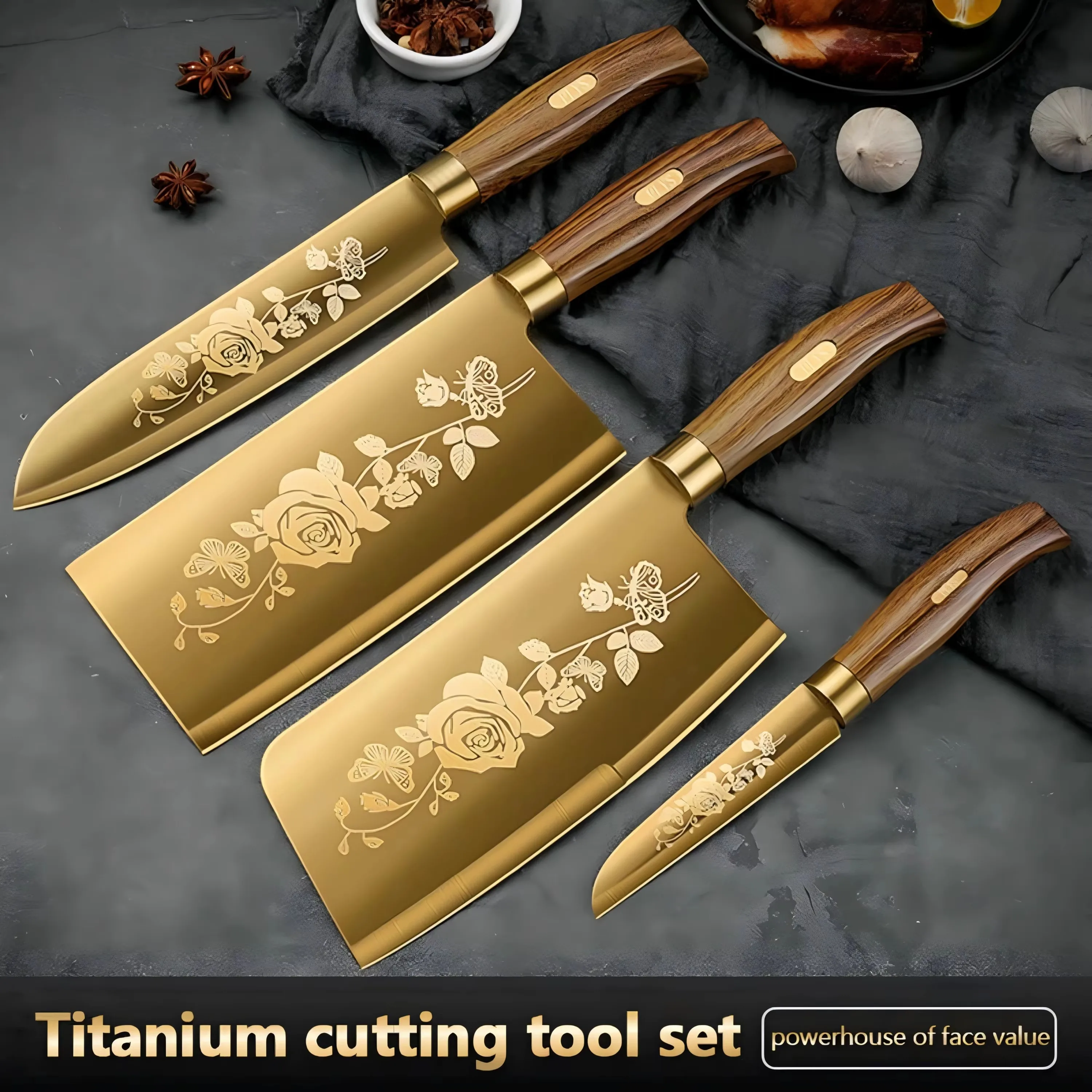 

4-Piece Titanium Coated Knife Set, BO Anti-Rust Kitchen Knives with Ergonomic Handle, Professional Chef Knives for Meat Bone Cut