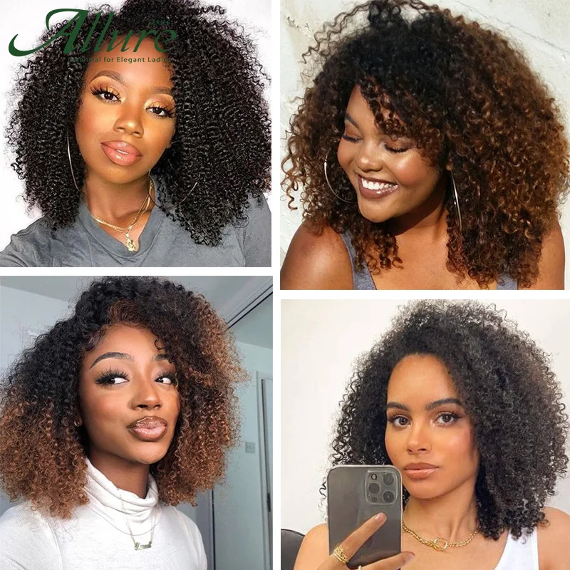 Brazilian Jerry Curly Human Hair Wigs For Black Women Short Pixie Cut Bob Wig With Bangs 12 inch Full Machine Made Wigs Allure