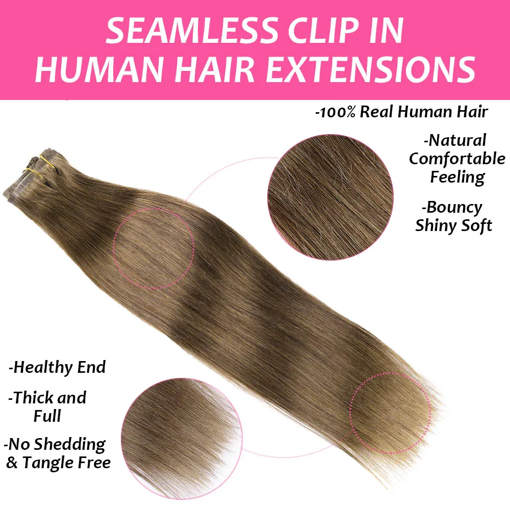 Extensions de cheveux à clipser sans couture pour femmes, cheveux humains vierges, trame PU invisible ultra fine, extensions de cheveux naturels, 7 pièces