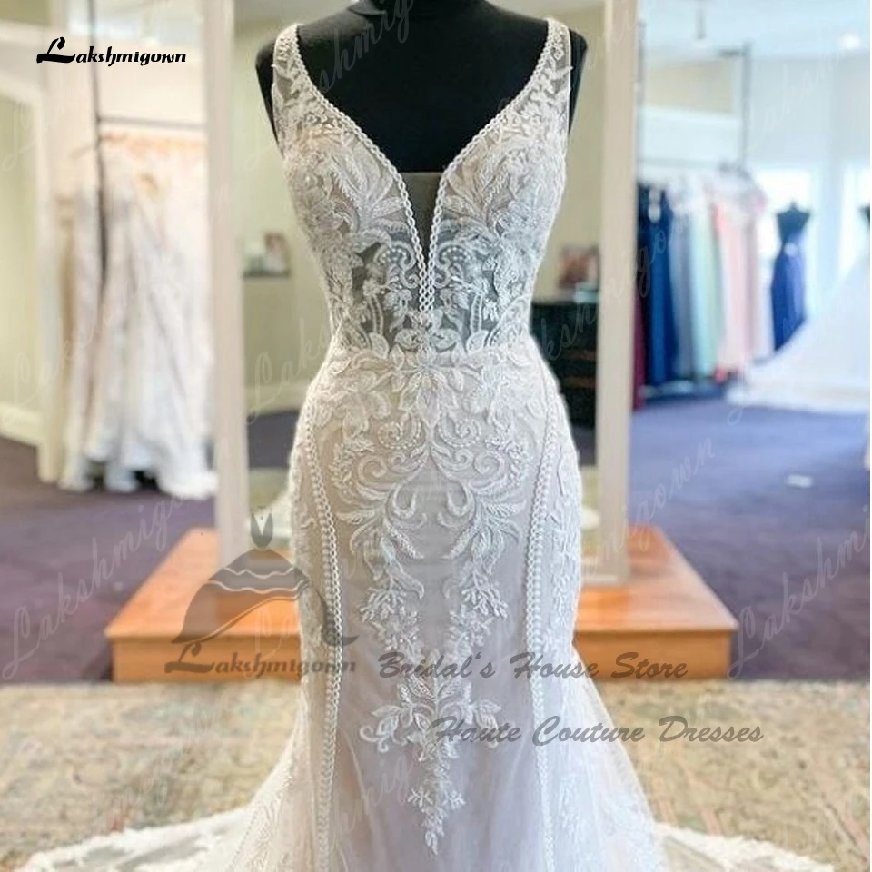 Lakshmigown Luxury Lace Mermaid Wedding Gowns 2023 Bata Novia Boda Civil Bridal Boho Wedding Dresses Sheer Illusion Back