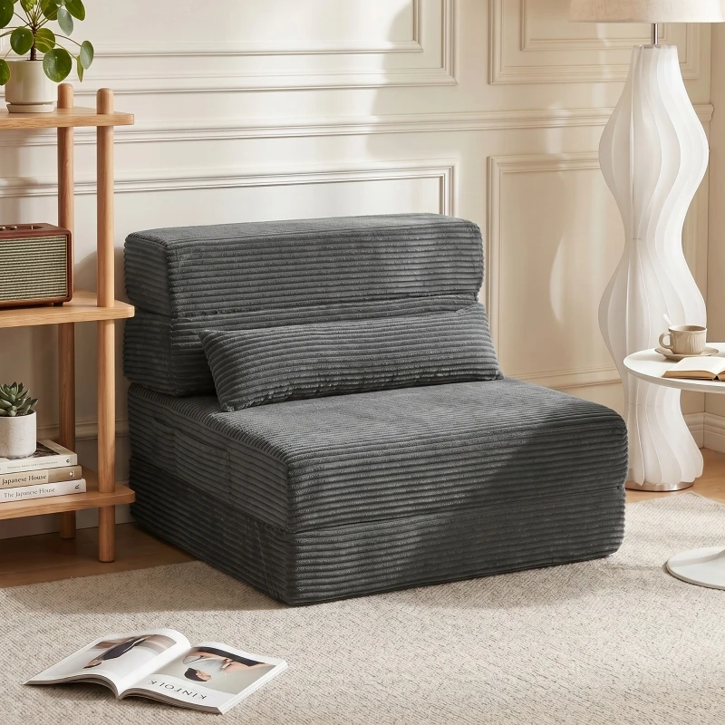 Sedia da pavimento con schienale, divano letto pieghevole in velluto a coste «Boneless Cloud» con imbottitura spessa, colore grigio scuro.