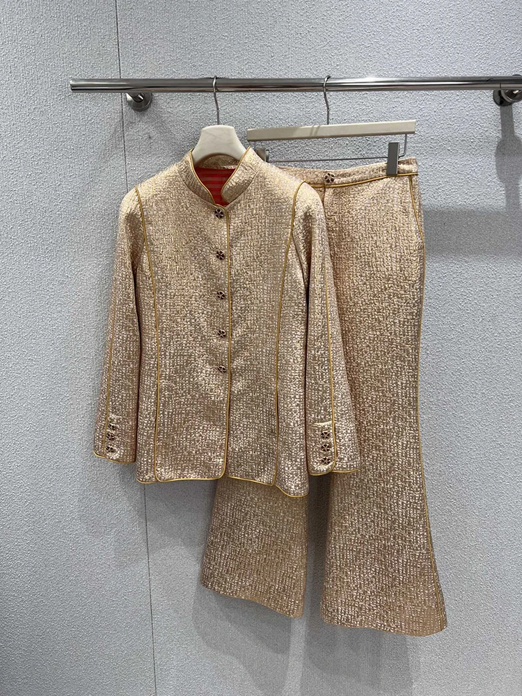 

Весенне-осенний новый комплект с пайетками: женский однобортный жакет с круглым вырезом и длинными рукавами, брюки с широкими штанинами, повседневный комплект