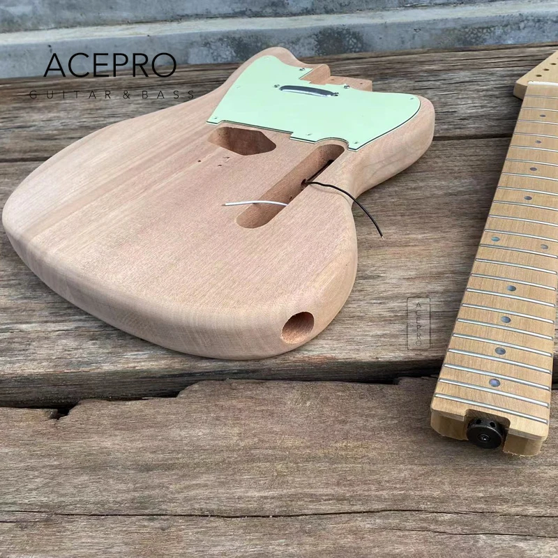 DIY Unfinished Electric Guitar Kits, Mint Green Pickguard, Abalone Inlay, Maple or Rosewood Fretboard with Guitar Parts No Paint