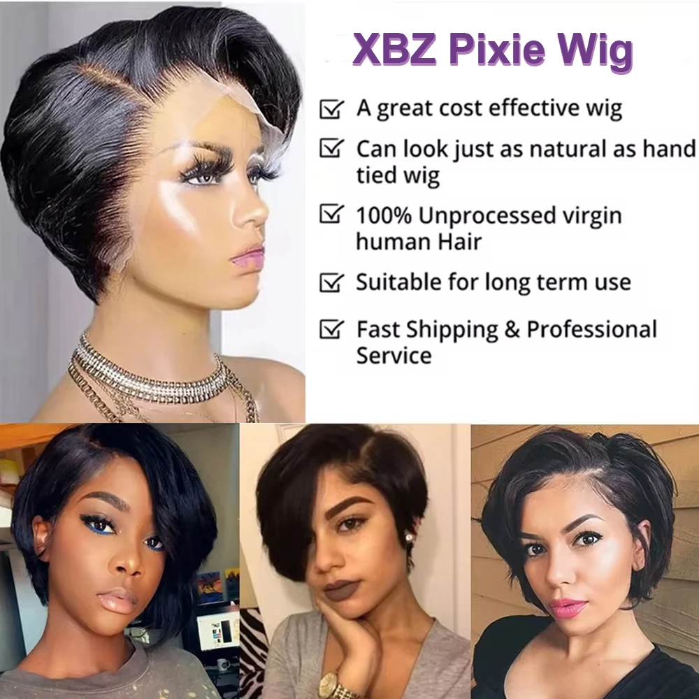 Wig potongan Pixie pendek 200% rambut manusia lurus 13x4 wig rambut manusia renda depan Bob untuk wanita wig renda Bagian T rambut lurus