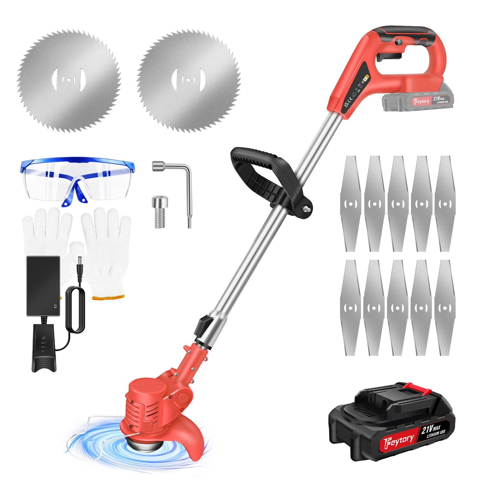 Strimmers Electric Cordless Grass Trimmer with Metal Blade Powerful Electric Garden Lawn Edger, 1.5Ah Battery & Fast Charger Included, Suitable for Garden Lawn, Red